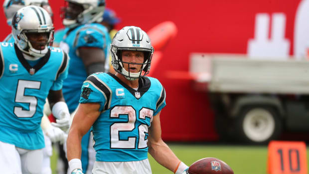 Sep 20, 2020; Tampa, Florida, USA; Carolina Panthers running back Christian McCaffrey (22) after scoring a touchdown against the Tampa Bay Buccaneers during the third quarter at Raymond James Stadium. Mandatory Credit: Kim Klement-USA TODAY Sports